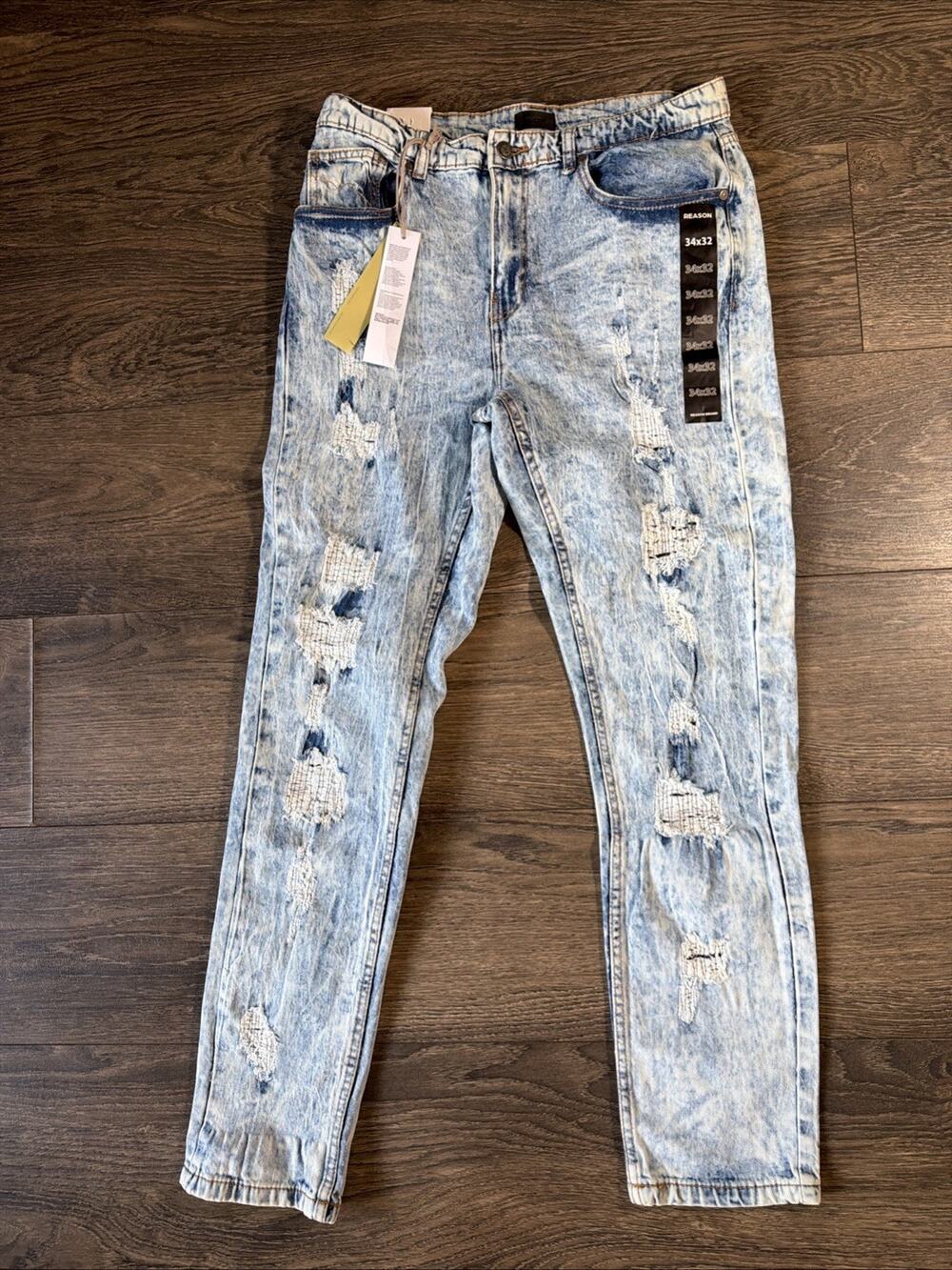 NWT Reason Sz 34x32 Acid Wash Distressed Jeans Y2K Grunge Skater Streetwear